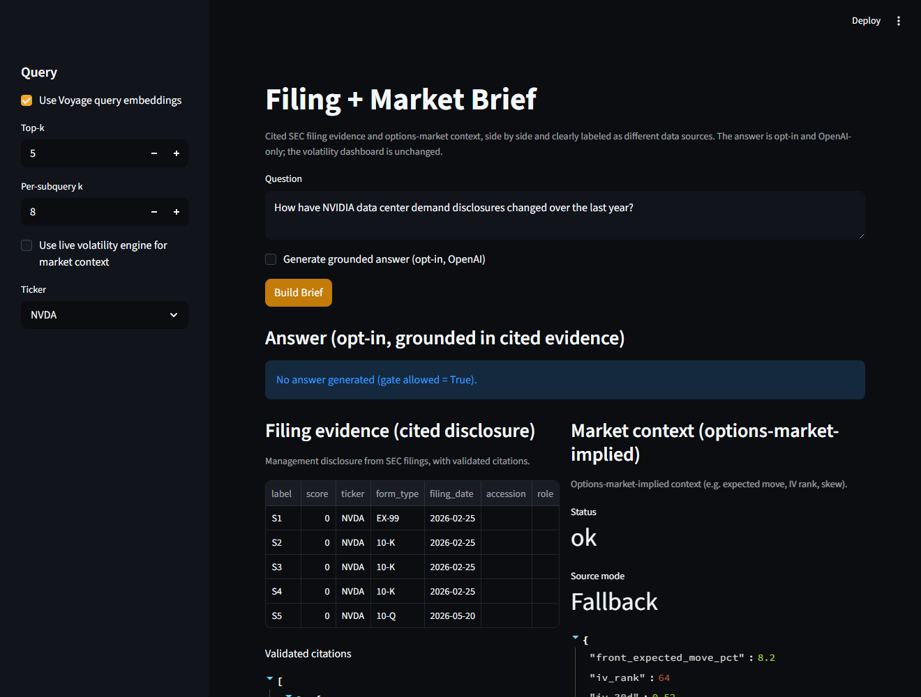 Unified brief combining a cited SEC filing answer with an options market context panel