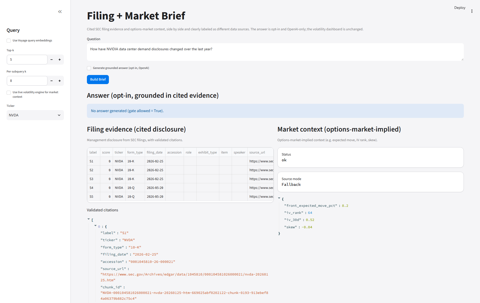 Unified brief showing cited SEC filing evidence beside an options-market context panel